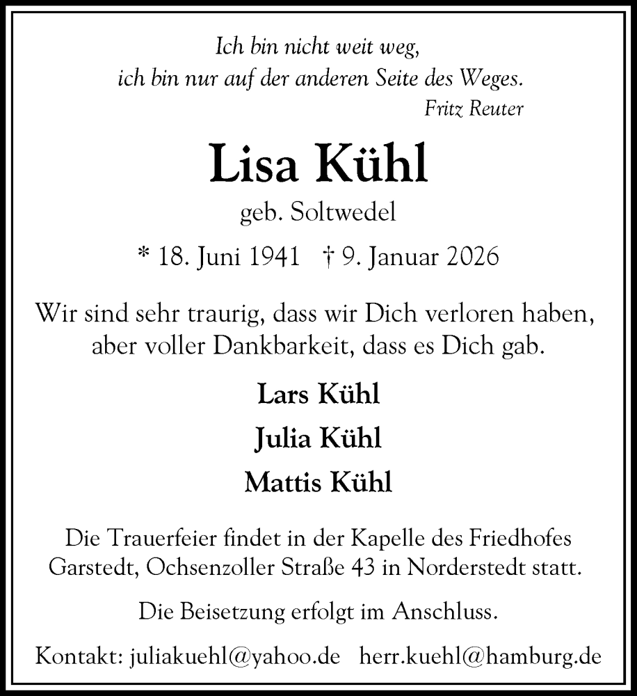  Traueranzeige für Lisa Kühl vom 17.01.2026 aus Heimatspiegel