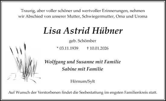 Traueranzeige von Lisa Astrid Hübner von Sylter Rundschau