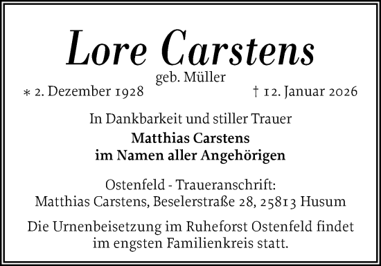 Traueranzeige von Lore Carstens von Husumer Nachrichten, Nordfriesland Tageblatt