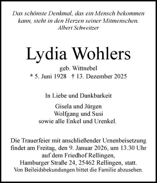 Traueranzeige von Lydia Wohlers von Region Pinneberg und tip Pinneberg