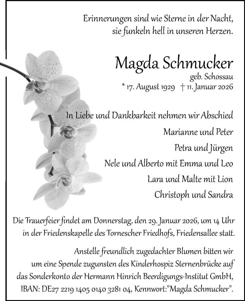  Traueranzeige für Magda Schmucker vom 17.01.2026 aus Uetersener Nachrichten, Der tip am Wochenende