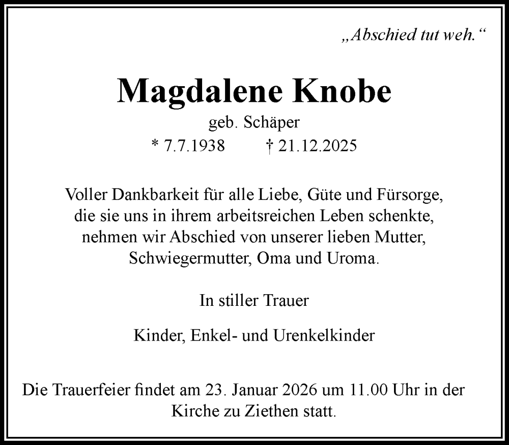  Traueranzeige für Magdalene Knobe vom 10.01.2026 aus MARKT Ratzeburg/Mölln