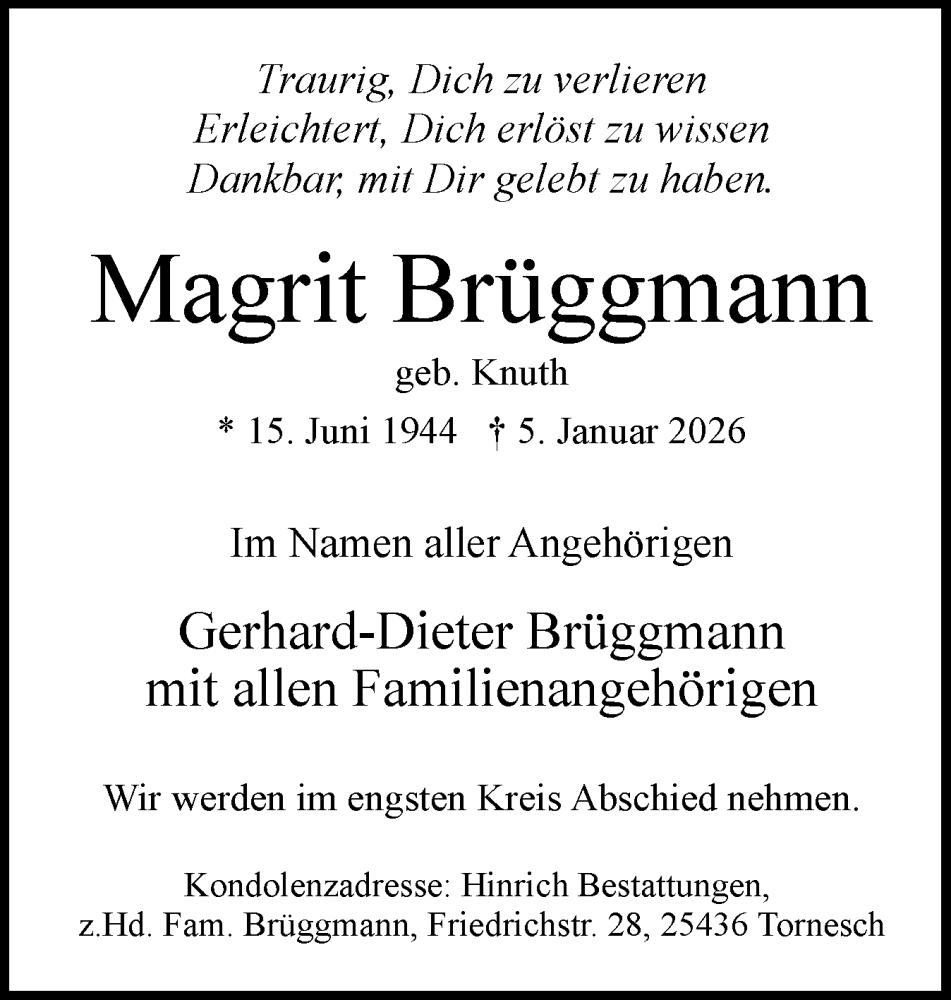 Traueranzeige für Magrit Brüggmann vom 17.01.2026 aus Uetersener Nachrichten, Der tip am Wochenende