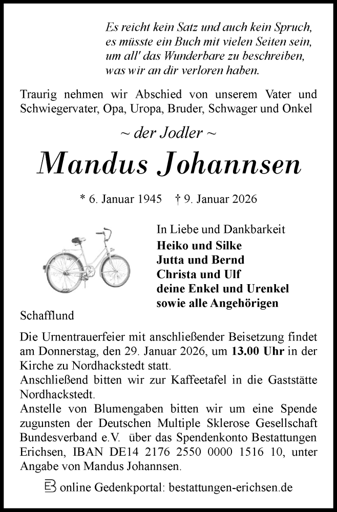  Traueranzeige für Mandus Johannsen vom 17.01.2026 aus Region Flensburg