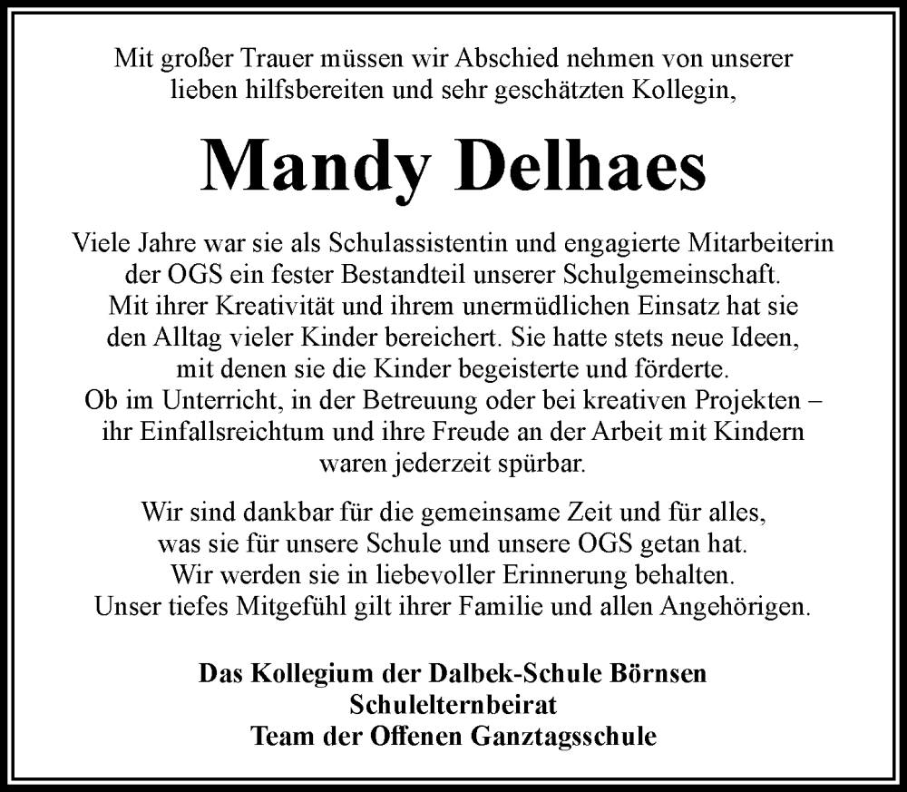  Traueranzeige für Mandy Delhaes vom 03.01.2026 aus Wochenend Anzeiger