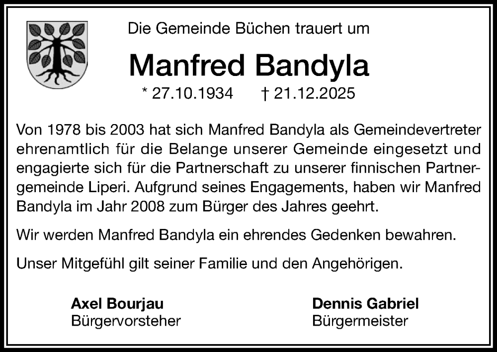  Traueranzeige für Manfred Bandyla vom 10.01.2026 aus Wochenend Anzeiger
