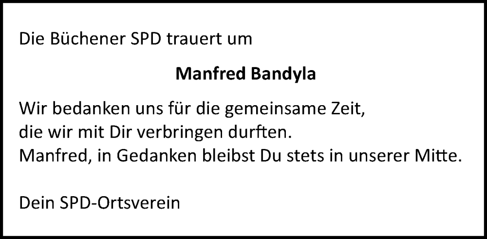  Traueranzeige für Manfred Bandyla vom 03.01.2026 aus Wochenend Anzeiger