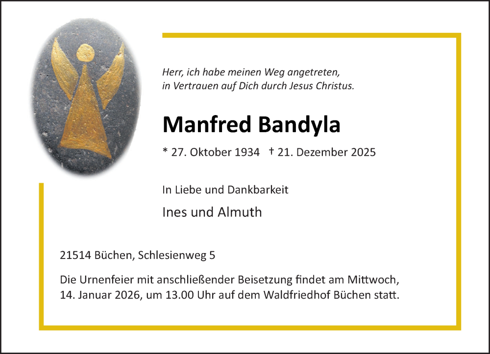  Traueranzeige für Manfred Bandyla vom 03.01.2026 aus Wochenend Anzeiger