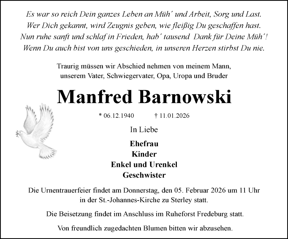  Traueranzeige für Manfred Barnowski vom 31.01.2026 aus MARKT Ratzeburg/Mölln