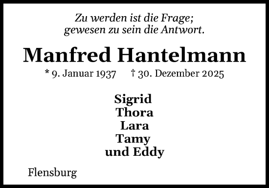 Traueranzeige von Manfred Hantelmann von Flensburger Tageblatt