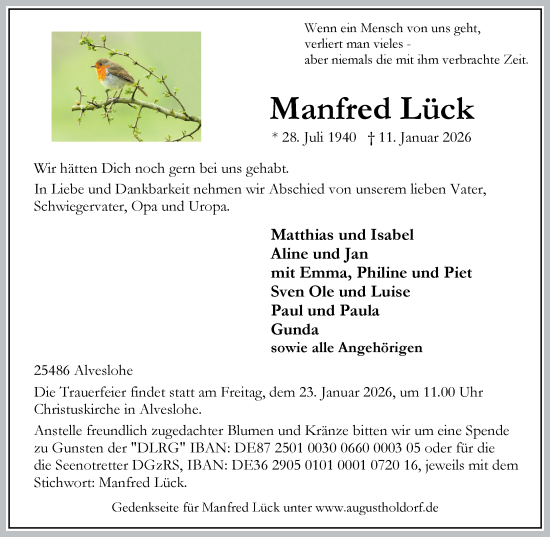 Traueranzeige von Manfred Lück von Umschau