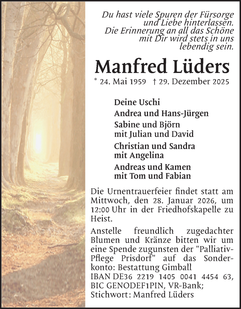  Traueranzeige für Manfred Lüders vom 17.01.2026 aus Uetersener Nachrichten, Der tip am Wochenende