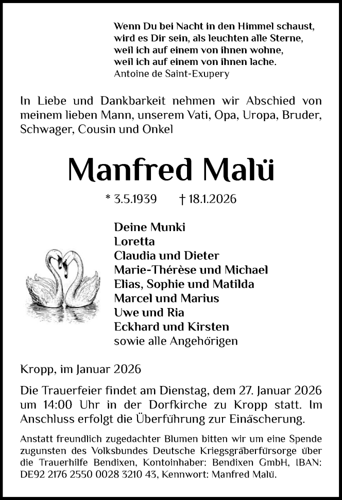  Traueranzeige für Manfred Malü vom 21.01.2026 aus Schleswiger Nachrichten, Schlei-Bote