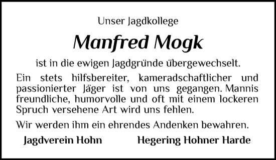 Traueranzeige von Manfred Mogk von Schleswig-Holsteinische Landeszeitung