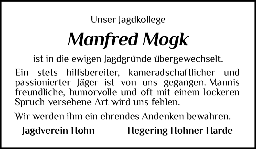 Traueranzeige für Manfred Mogk vom 10.01.2026 aus Schleswig-Holsteinische Landeszeitung