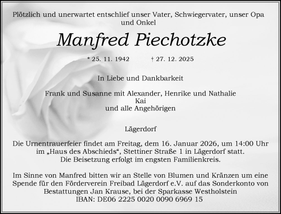 Traueranzeige von Manfred Piechotzke von Norddeutsche Rundschau, Wilstersche Zeitung, Glückstädter Fortuna