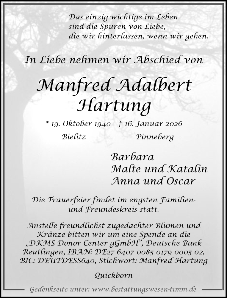  Traueranzeige für Manfred Adalbert Hartung vom 31.01.2026 aus Umschau