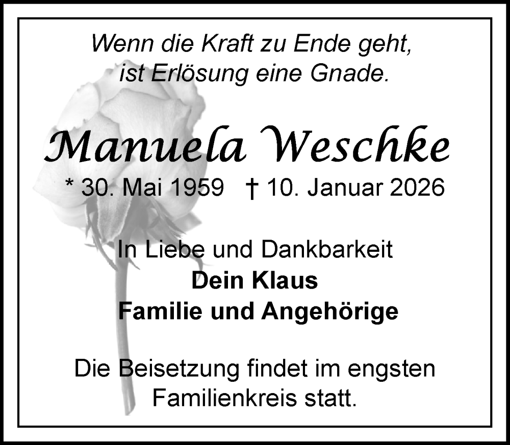  Traueranzeige für Manuela Weschke vom 17.01.2026 aus Umschau