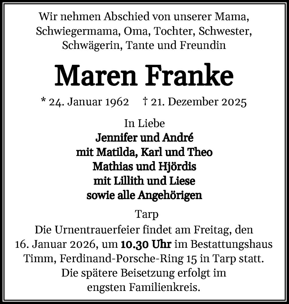 Traueranzeige für Maren Franke vom 10.01.2026 aus Flensburger Tageblatt