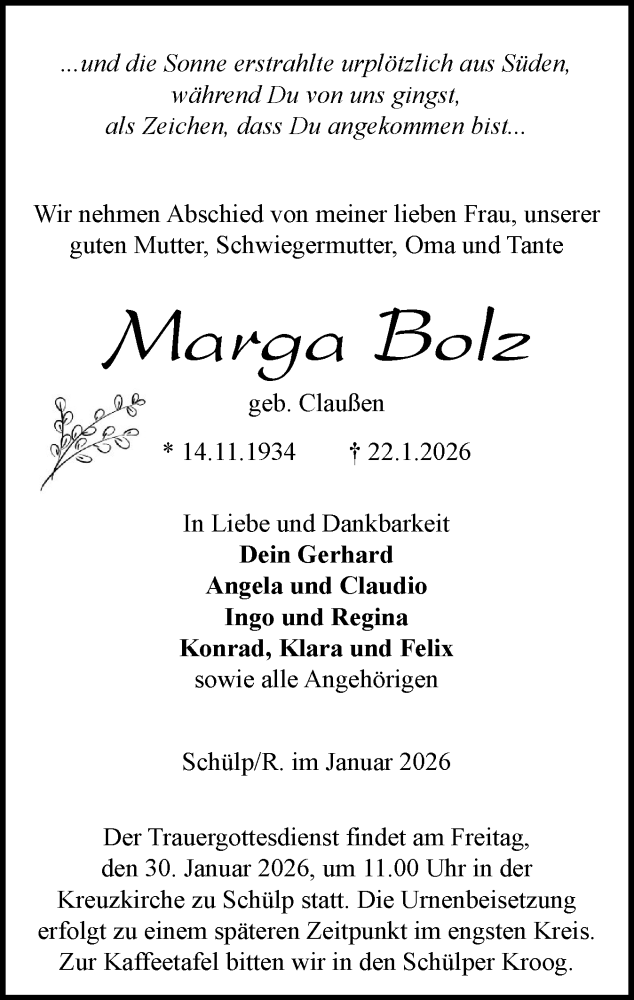  Traueranzeige für Marga Bolz vom 28.01.2026 aus Schleswig-Holsteinische Landeszeitung