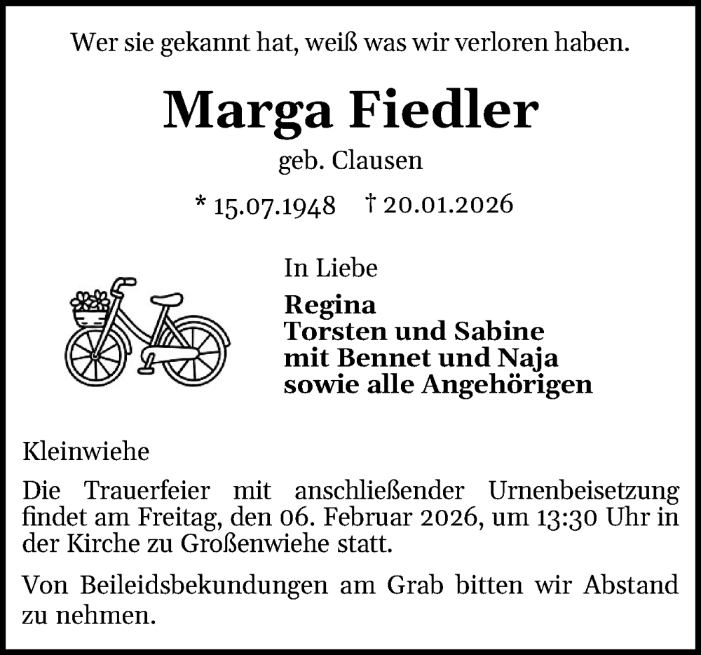  Traueranzeige für Marga Fiedler vom 31.01.2026 aus Flensburger Tageblatt