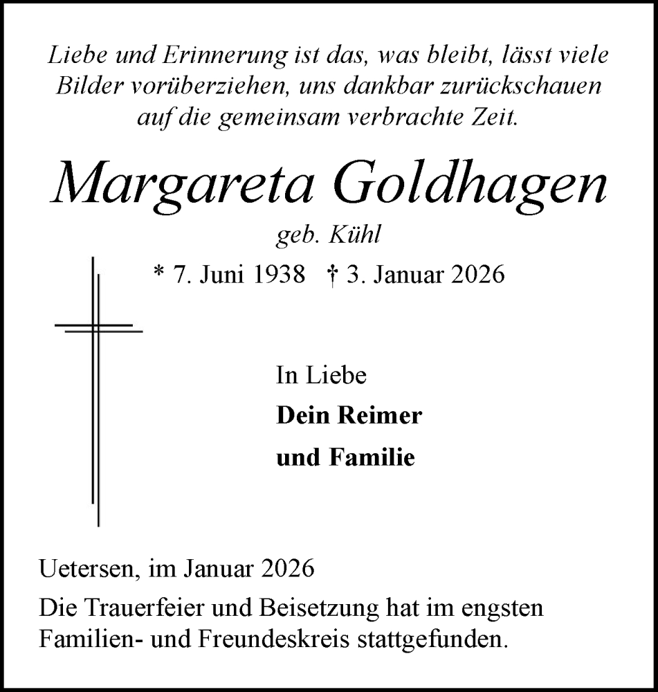  Traueranzeige für Margareta Goldhagen vom 31.01.2026 aus Elmshorner Nachrichten, Barmstedter Zeitung