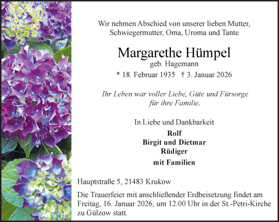 Traueranzeige von Margarethe Hümpel von Wochenend Anzeiger