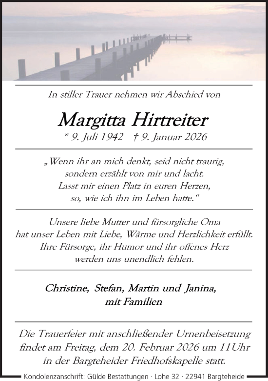 Traueranzeige von Margitta Hirtreiter von MARKT Ahrensburg/Bargteheide/Trittau und Stormarner Tageblatt