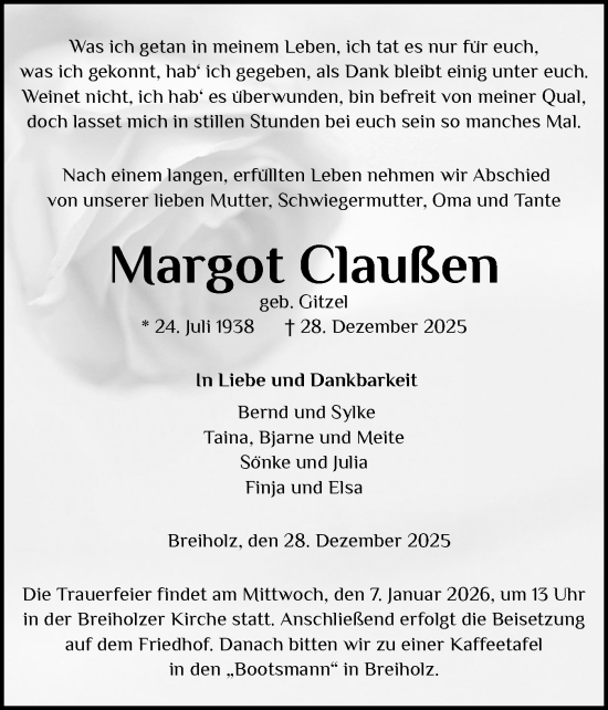Traueranzeige von Margot Claußen von Schleswig-Holsteinische Landeszeitung