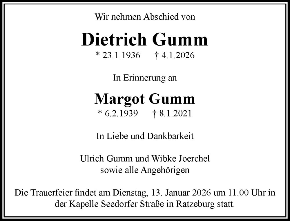  Traueranzeige für Margot Gumm vom 10.01.2026 aus MARKT Ratzeburg/Mölln