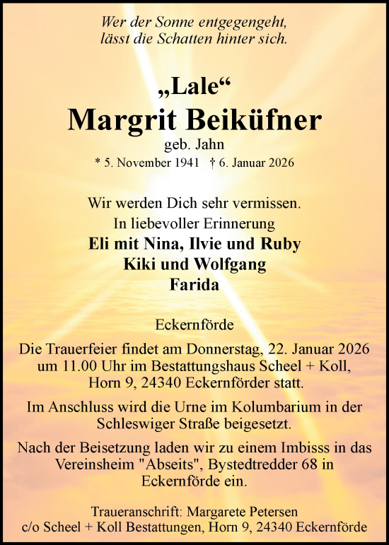 Traueranzeige von Margrit Beiküfner von Eckernförder Zeitung