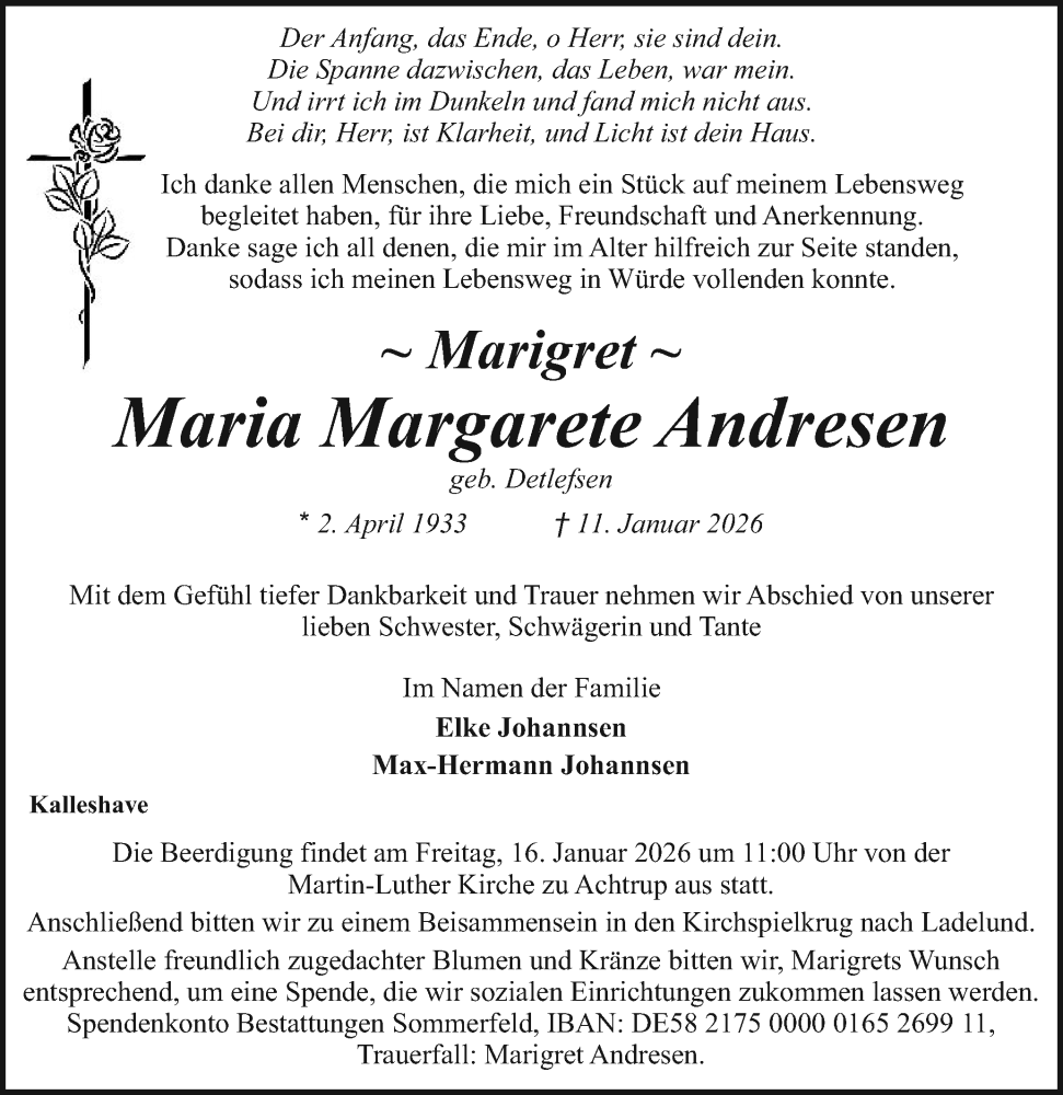  Traueranzeige für Maria Margarete Andresen vom 14.01.2026 aus Region Flensburg