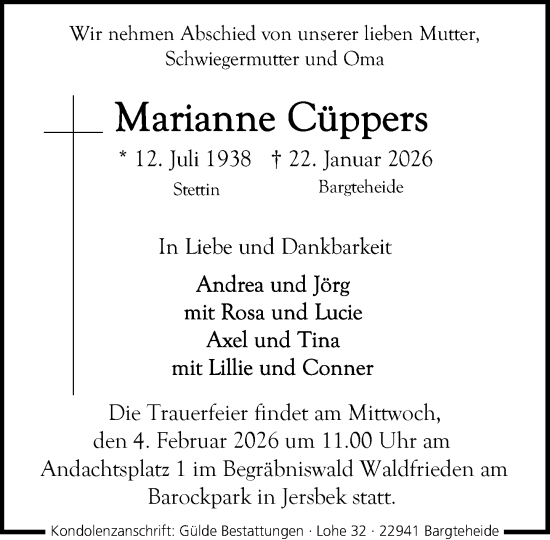 Traueranzeige von Marianne Cüppers von MARKT Ahrensburg/Bargteheide/Trittau und Stormarner Tageblatt