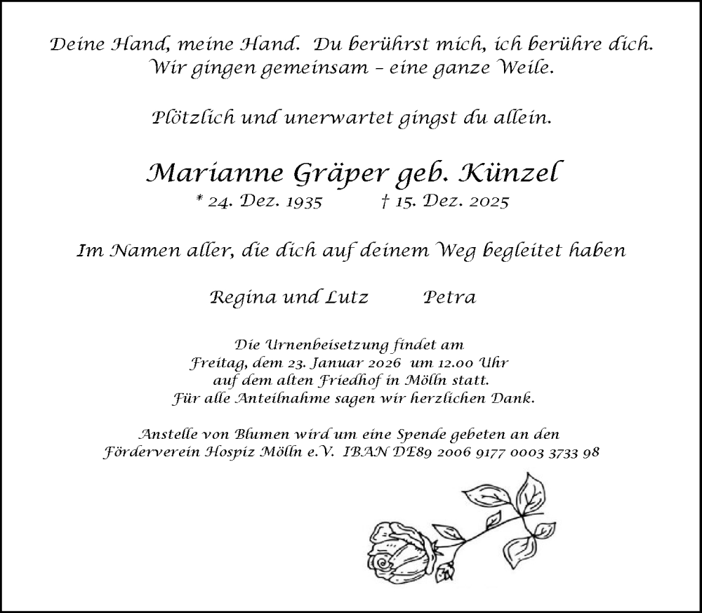  Traueranzeige für Marianne Gräper vom 17.01.2026 aus MARKT Ratzeburg/Mölln