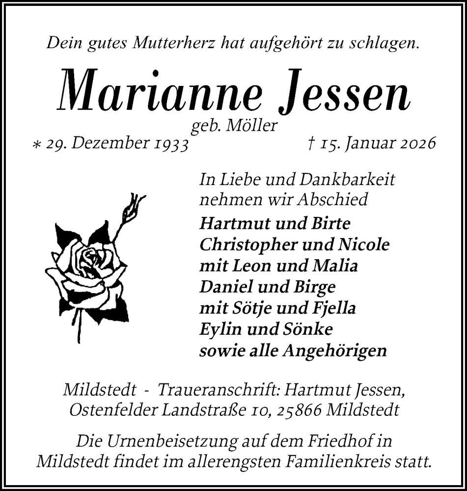  Traueranzeige für Marianne Jessen vom 21.01.2026 aus Husumer Nachrichten, Nordfriesland Tageblatt