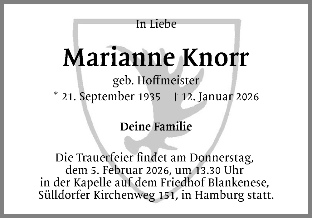  Traueranzeige für Marianne Knorr vom 24.01.2026 aus Region Pinneberg und tip Pinneberg