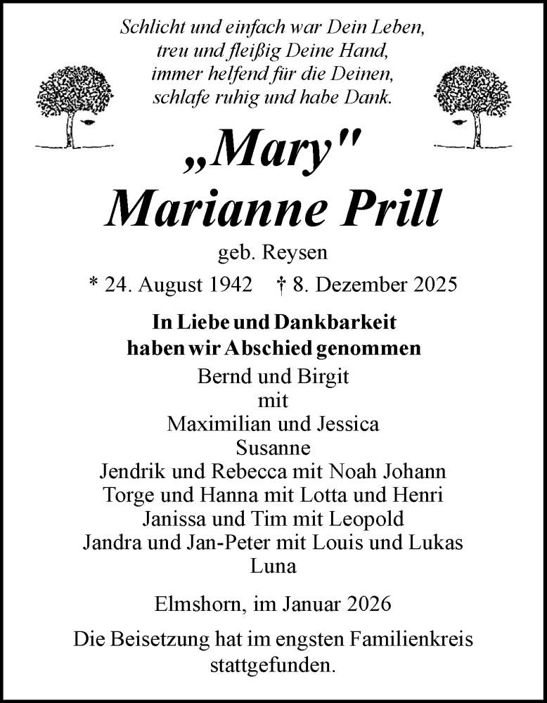  Traueranzeige für Marianne Prill vom 17.01.2026 aus Elmshorner Nachrichten, Barmstedter Zeitung