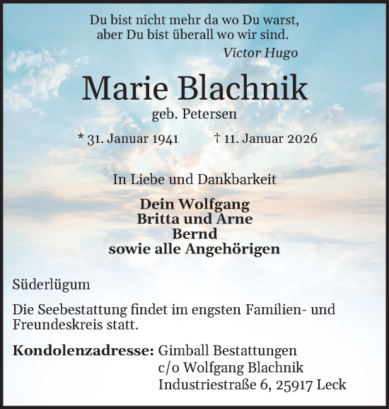 Traueranzeige von Marie Blachnik von Husumer Nachrichten, Nordfriesland Tageblatt