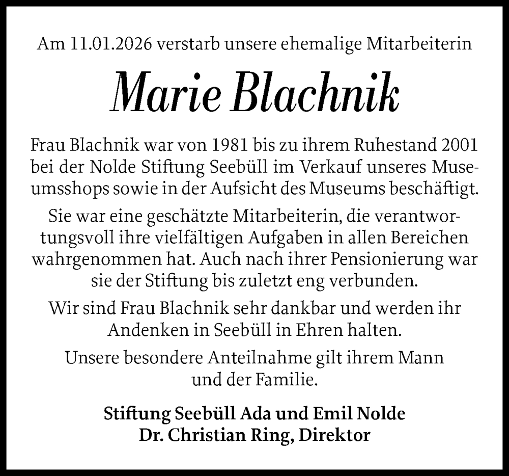  Traueranzeige für Marie Blachnik vom 21.01.2026 aus Husumer Nachrichten, Nordfriesland Tageblatt