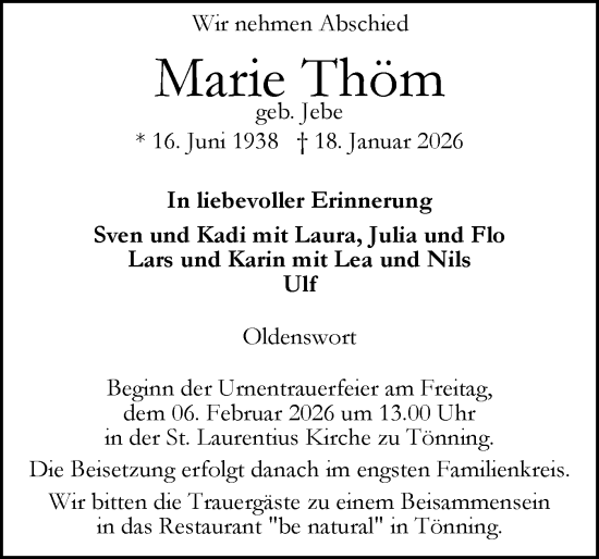 Traueranzeige von Marie Thöm von Husumer Nachrichten, Nordfriesland Tageblatt