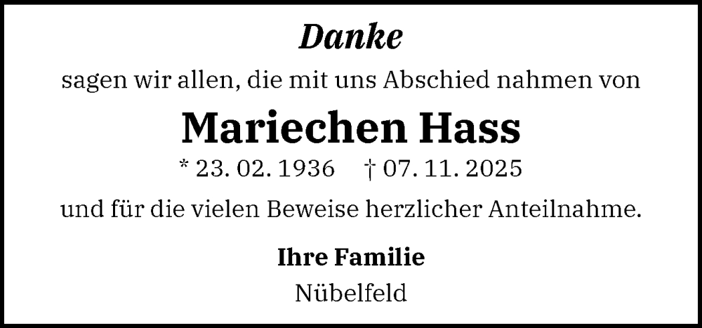  Traueranzeige für Mariechen Hass vom 17.01.2026 aus Flensburger Tageblatt
