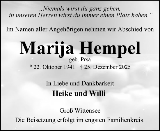 Traueranzeige von Marija Hempel von Eckernförder Zeitung, Hallo Eckernförde