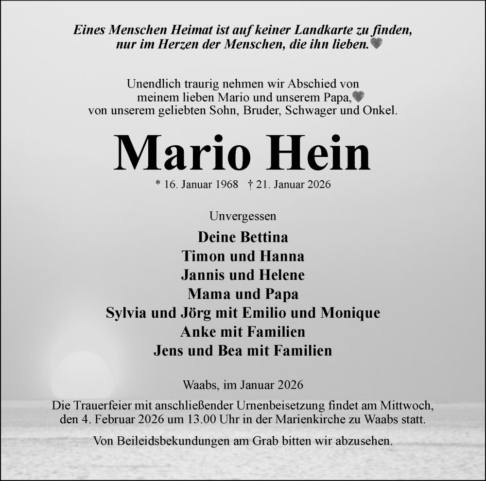  Traueranzeige für Mario Hein vom 31.01.2026 aus Schleswiger Nachrichten, Schlei-Bote, Eckernförder Zeitung