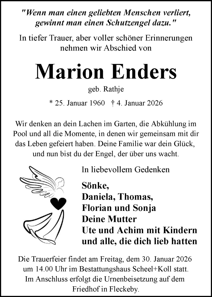  Traueranzeige für Marion Enders vom 24.01.2026 aus Eckernförder Zeitung, Hallo Eckernförde