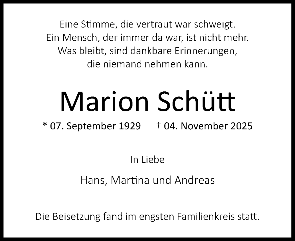  Traueranzeige für Marion Schütt vom 10.01.2026 aus MARKT Glinde/Reinfeld