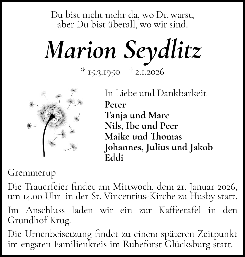  Traueranzeige für Marion Seydlitz vom 10.01.2026 aus Flensburger Tageblatt