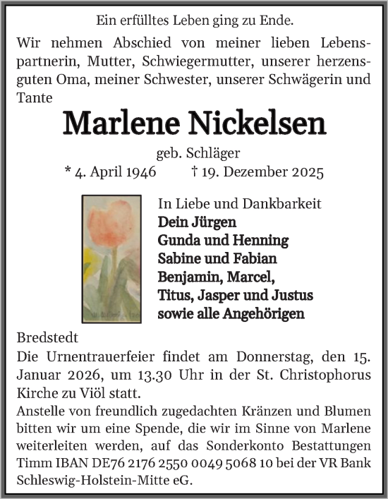 Traueranzeige von Marlene Nickelsen von Husumer Nachrichten, Nordfriesland Tageblatt