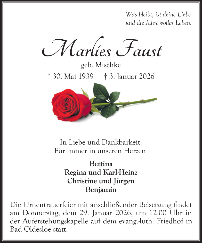  Traueranzeige für Marlies Faust vom 17.01.2026 aus MARKT Bad Oldesloe/Reinfeld und Stormarner Tageblatt