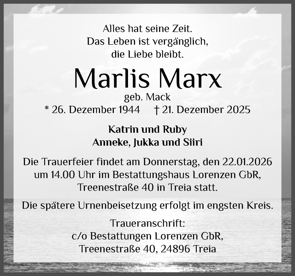  Traueranzeige für Marlis Marx vom 14.01.2026 aus Schleswiger Nachrichten, Schlei-Bote