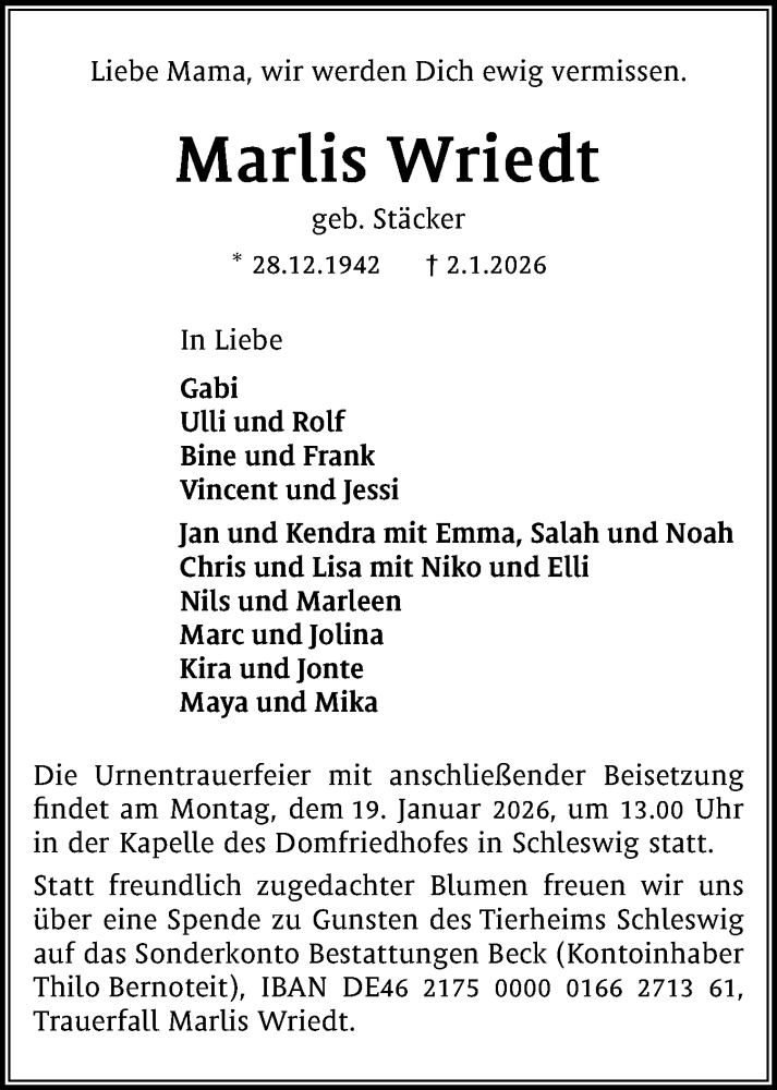  Traueranzeige für Marlis Wriedt vom 14.01.2026 aus Schleswiger Nachrichten, Schlei-Bote